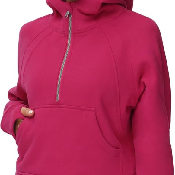 Pitaya Red Women's Half-Zip Fleece Hoodie, Small, Pockets, Thumb Holes - Picture 5 of 6